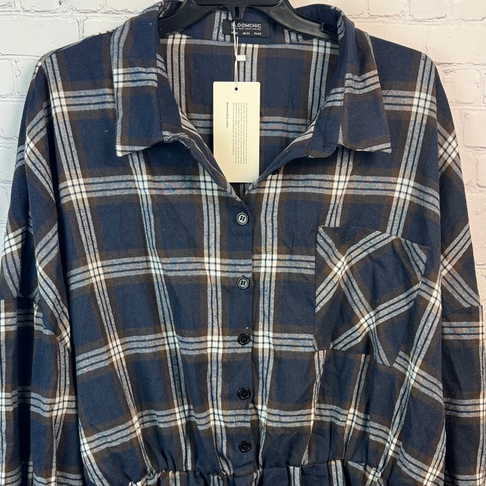 BloomChic Navy Plaid Flannel Long Sleeve Tunic Top Plus Size 6X (30) - Picture 5 of 7